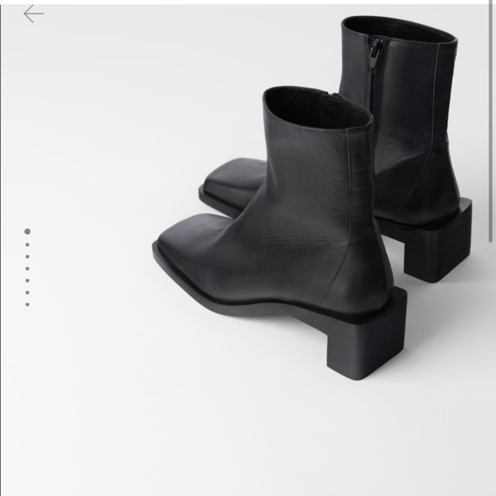 ZARA black leather Square-Toe Heeled Boots size 38 Fits 39 8 8.5